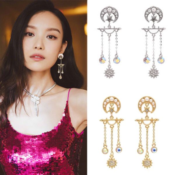 

fashion baroque bright diamonds pearl five-pointed star crescent moon dangle earrings women long tassel chain earings jewelry, Silver