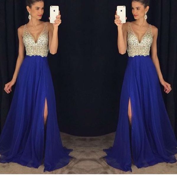 v neck crystaled sheer bodice royal blue chiffon prom dresses with split floor length lon pageant dresses custom made evening gowns, Black 
v neck crystaled sheer bodice royal blue chiffon prom dresses with split floor length lon pageant dresses custom made evening gowns, Black
