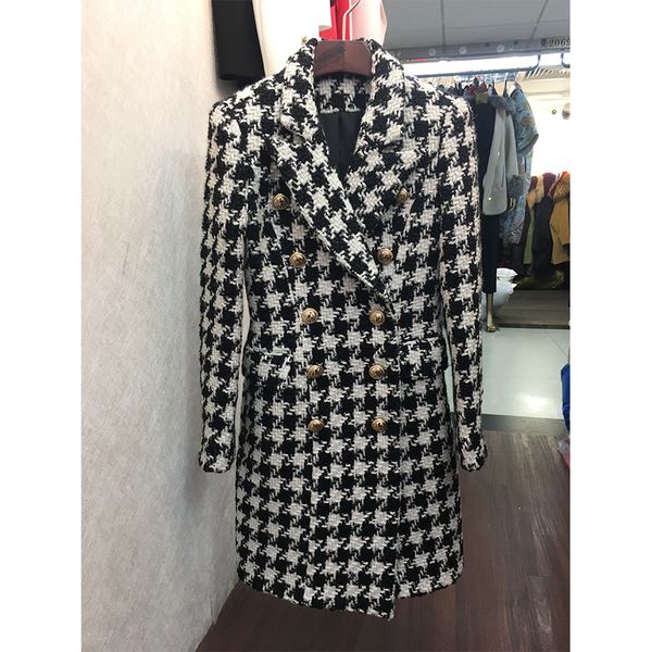 new stylish 2018 designer wool coat women's double breasted lion buttons houndstooth tweed long coat, Black
new stylish 2018 designer wool coat women's double breasted lion buttons houndstooth tweed long coat, Black
