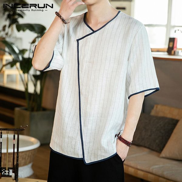 men's casual shirts incerun man vintage loose shirt fashion blusas men striped short sleeve v neck camisa summer masculina s-5xl7, White;black
men's casual shirts incerun man vintage loose shirt fashion blusas men striped short sleeve v neck camisa summer masculina s-5xl7, White;black