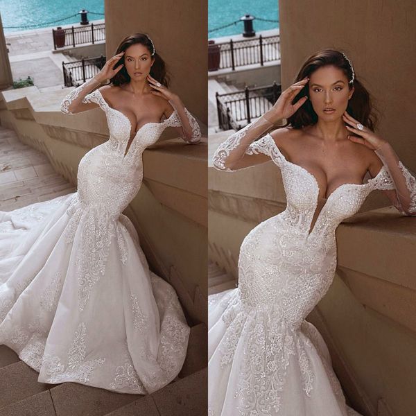 said mhamad 2019 mermaid wedding dresses off shoulder lace long sleeve plus size wedding dress sweep train sequins beach bridal gowns, White
said mhamad 2019 mermaid wedding dresses off shoulder lace long sleeve plus size wedding dress sweep train sequins beach bridal gowns, White