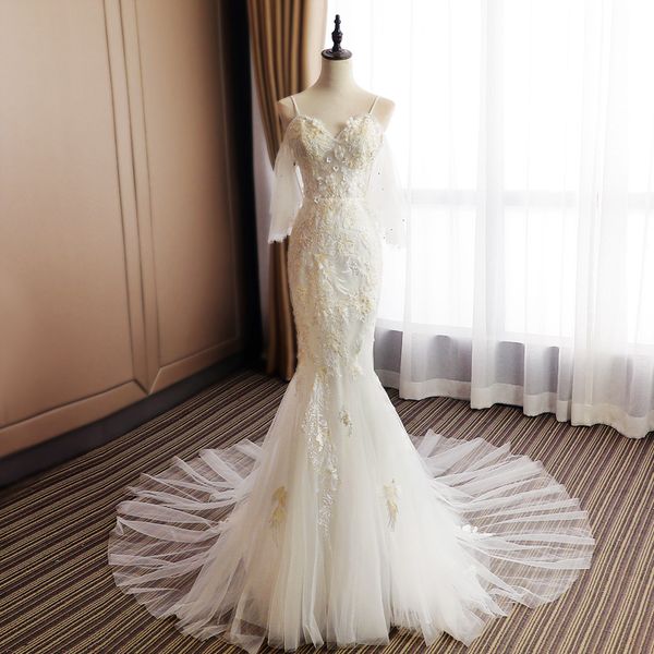 alluring spaghetti straps petite beach wedding dresses lace appliques pearls beading mermaid wedding dresses with sleeves bridal gowns, White
alluring spaghetti straps petite beach wedding dresses lace appliques pearls beading mermaid wedding dresses with sleeves bridal gowns, White