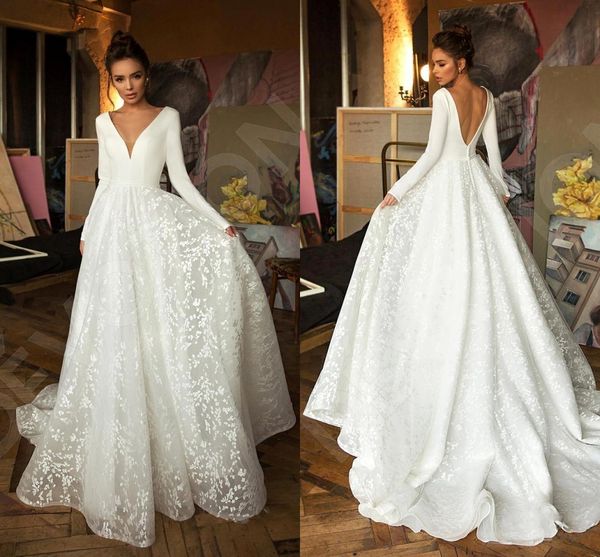 robe de mariee vintage long sleeve lace satin wedding dress deep v neck backless bride dresses for wedding, White
robe de mariee vintage long sleeve lace satin wedding dress deep v neck backless bride dresses for wedding, White