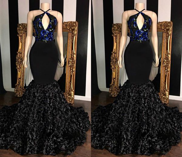 2019 black mermaid prom dresses halter royal blue lace applique sequins african grils evening gowns rose flower cocktail party dress
2019 black mermaid prom dresses halter royal blue lace applique sequins african grils evening gowns rose flower cocktail party dress