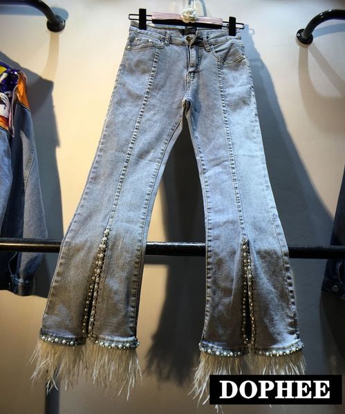 european 2019 autumn new heavy diamond beads high waist skinny denim pants feather stitching flare jeans trousers, Blue
european 2019 autumn new heavy diamond beads high waist skinny denim pants feather stitching flare jeans trousers, Blue