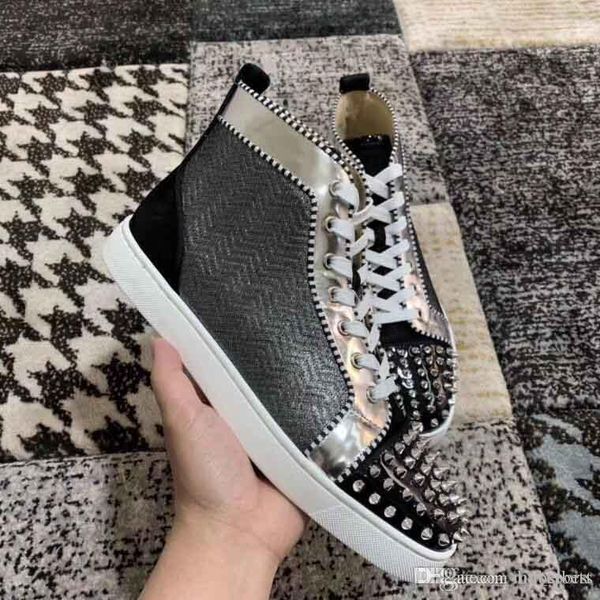 special occasion grey glitter leather with spikes toe red bottom sneakers shoes luxury high rivets casual walking dust bag, Black
special occasion grey glitter leather with spikes toe red bottom sneakers shoes luxury high rivets casual walking dust bag, Black
