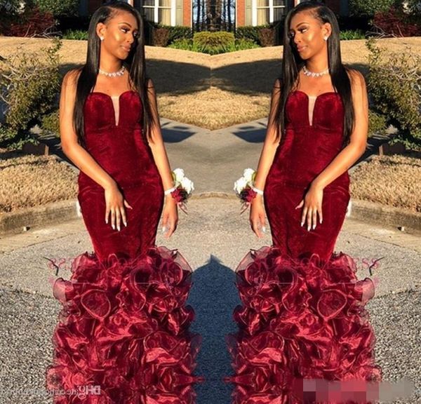 2019 burgundy velvet prom dresses tiered skirt organza sweetheart neckline mermaid black girls formal occasion wear long evening party gown
2019 burgundy velvet prom dresses tiered skirt organza sweetheart neckline mermaid black girls formal occasion wear long evening party gown