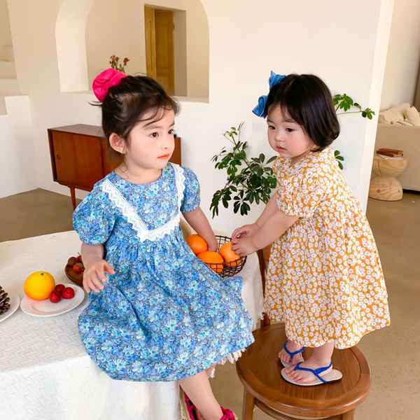 3730 2020 Summer New Floral Lace Korean Girls Retro Bubble Sleeve Dress Kids Dresses For Girls Party Dress Baby Girl