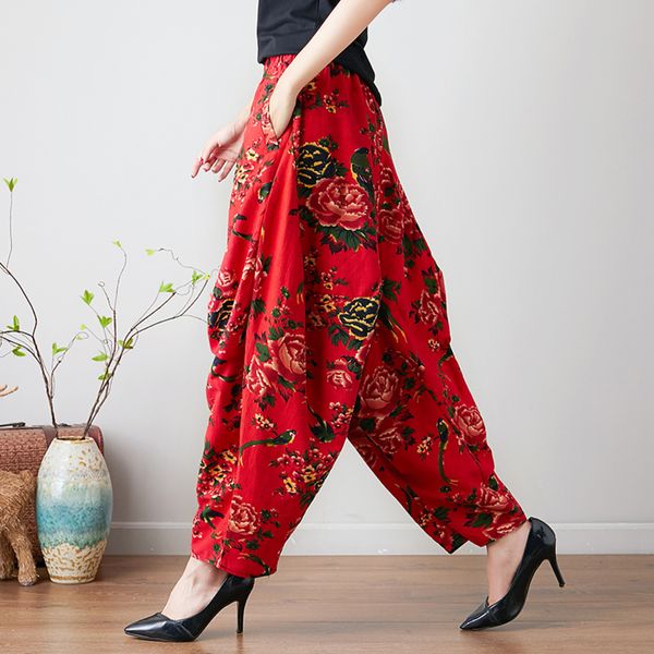 ethnic style women floral print wide leg pants vintage spring autumn casual loose elastic waist loose cotton linen trousers, Black;white
ethnic style women floral print wide leg pants vintage spring autumn casual loose elastic waist loose cotton linen trousers, Black;white