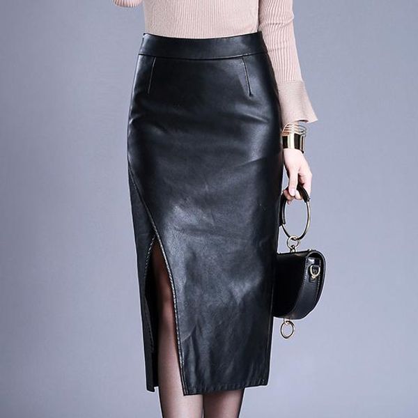 plus size s-4xlpu leather pencil skirts high waist, Black