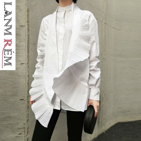 

lanmrem 2019 spring new women irregular shirt casual fashion pleated decorative white blouses female design women clothing yg638