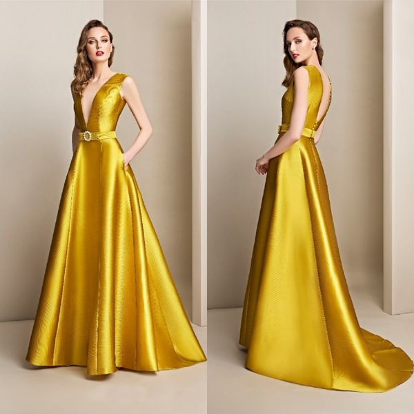 2020 yellow evening dresses deep v neck a line satin back sweep train prom dress party wear custom made robes de soirée, Black
2020 yellow evening dresses deep v neck a line satin back sweep train prom dress party wear custom made robes de soirée, Black