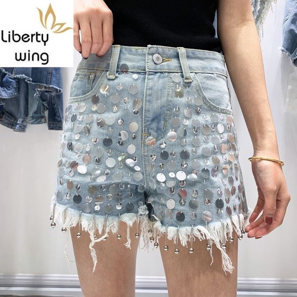 womens summer waist sequins embroidered denim high street punk clubwear fashion frayed casual female wide leg shorts, White;black
womens summer waist sequins embroidered denim high street punk clubwear fashion frayed casual female wide leg shorts, White;black