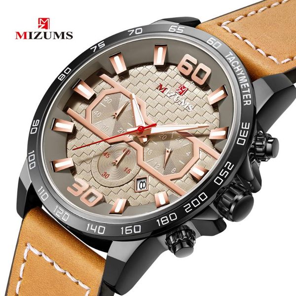 

mizums quartz watch men leather men watches with chronograph calendar sub-dial brand wristwatch male watch, Slivery;brown