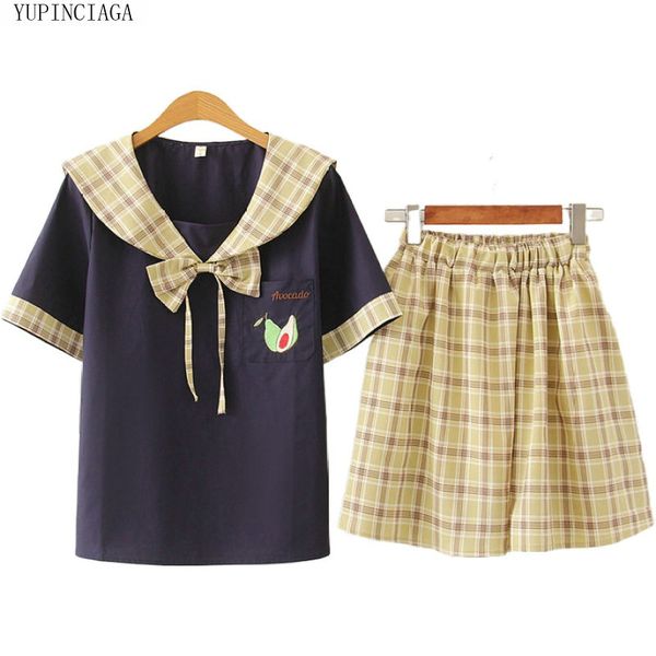 women summer two pieces sets sweet style sailor collar avocado print short-sleeve shirt + plaid skirt girl 2 piece set, White
women summer two pieces sets sweet style sailor collar avocado print short-sleeve shirt + plaid skirt girl 2 piece set, White