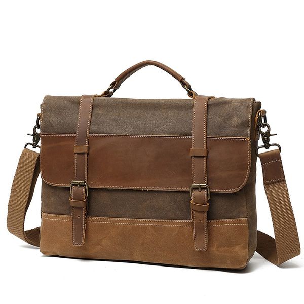 

oil wax canvas handbag mens waterproof shoulder bag vintage canvas leather briefcases 14" lapmessenger bags large