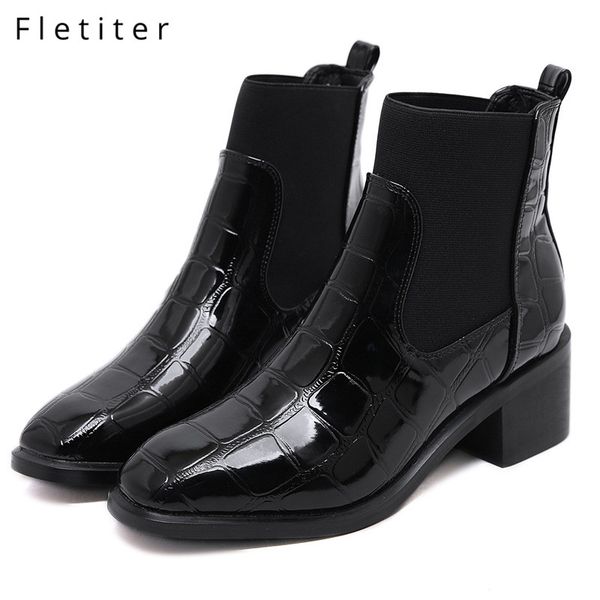 fletiter womens leather boots brogue carved ankle boots fashion low heels ladies booties winter 2019 ladies shoes, Black
