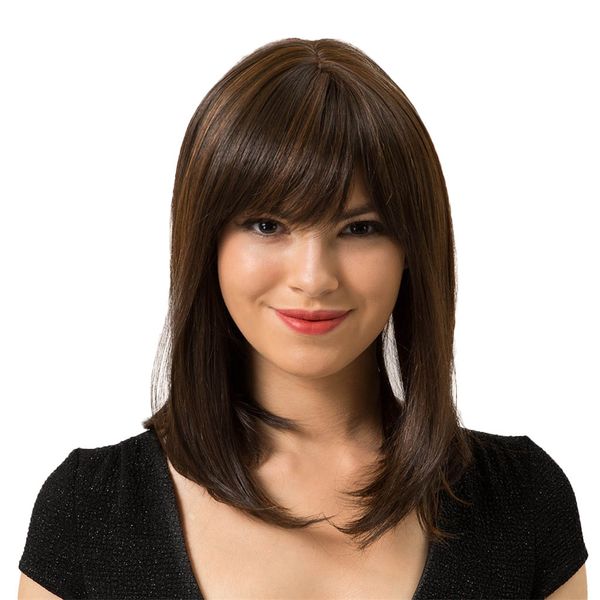 14 inch elegant women human hair brown long straight daily wig with neat bangs, Black
14 inch elegant women human hair brown long straight daily wig with neat bangs, Black