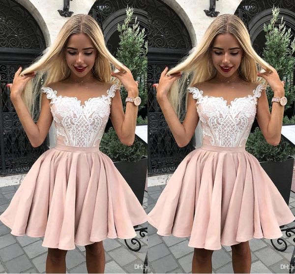 light pink short cocktail dresses 2019 capped sleeves sheer neck knee length short prom dress with white lace appliques party gowns, Black
light pink short cocktail dresses 2019 capped sleeves sheer neck knee length short prom dress with white lace appliques party gowns, Black