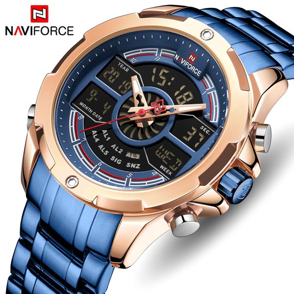 

brand naviforce mens led dual display watches men stainless steel fashion luxury business quartz watch waterproof wristwatch, Slivery;brown