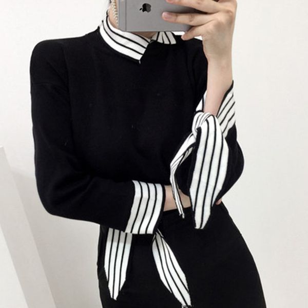 designer style striped tie collar sweater women knitted jumper slim fit pullover pull femme jersey mujer autumn winter, White;black
designer style striped tie collar sweater women knitted jumper slim fit pullover pull femme jersey mujer autumn winter, White;black