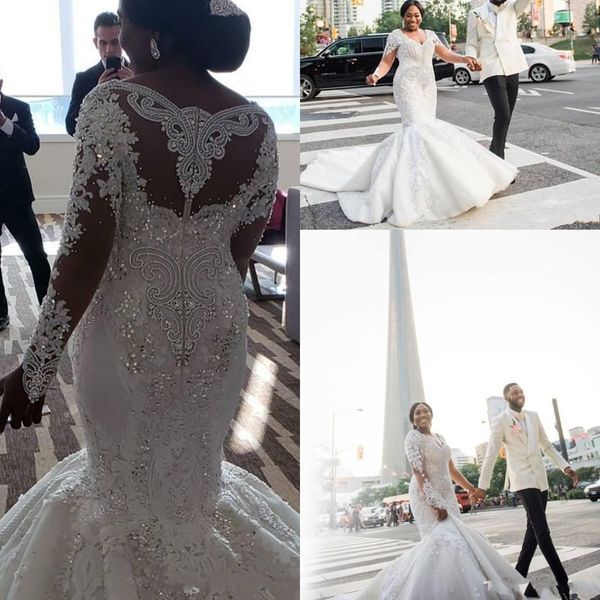 new african luxury mermaid wedding dresses v neck illusion long sleeves lace appliques pearls crystal beaded plus size formal bridal gowns, White
new african luxury mermaid wedding dresses v neck illusion long sleeves lace appliques pearls crystal beaded plus size formal bridal gowns, White