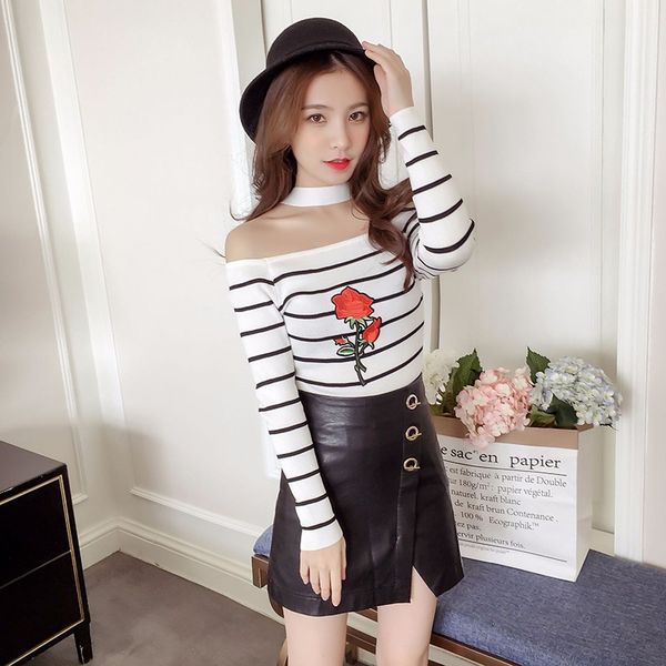 autumn women knitted sweater slash neck halter long sleeve striped pullover pull femme crop rose embroidery sweaters, White;black
autumn women knitted sweater slash neck halter long sleeve striped pullover pull femme crop rose embroidery sweaters, White;black
