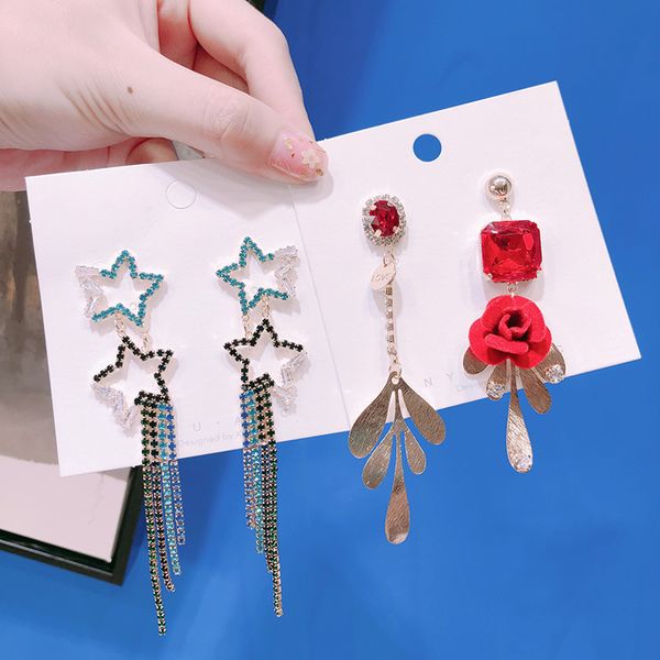temperament ladies exquisite rhinestones pentagram long tassel earrings personality metal leaves red flowers asymmetry earrings, Silver
temperament ladies exquisite rhinestones pentagram long tassel earrings personality metal leaves red flowers asymmetry earrings, Silver