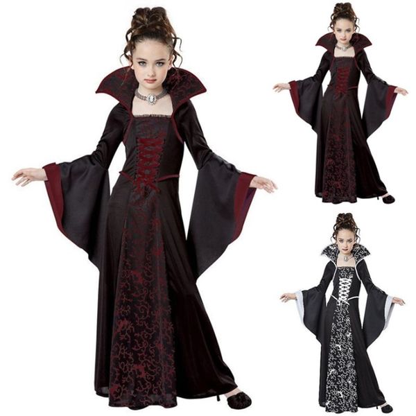

party long sleeve halloween costumes for kid girl medieval cosplay vintage court princess witch middle ages carnival party dress, Red;yellow