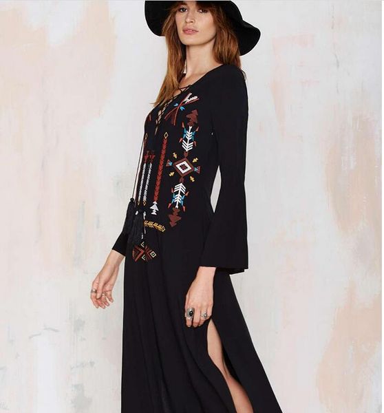 s l xl dress mori girl women black floral embroidery lace up split side long dress 2016 spring maxi loose clothing, Black;gray
s l xl dress mori girl women black floral embroidery lace up split side long dress 2016 spring maxi loose clothing, Black;gray