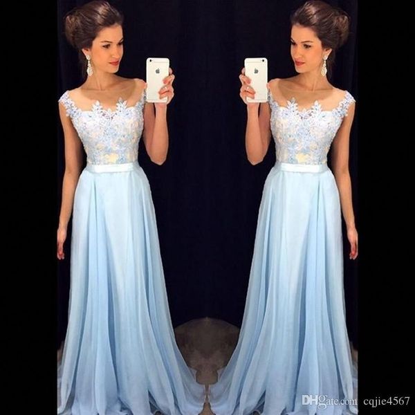 elegan sheer neck cap sleeves appliqued chiffon floor length formal dresses modest evening gowns zipper up t light sky blue prom dresse a450, Black
elegan sheer neck cap sleeves appliqued chiffon floor length formal dresses modest evening gowns zipper up t light sky blue prom dresse a450, Black
