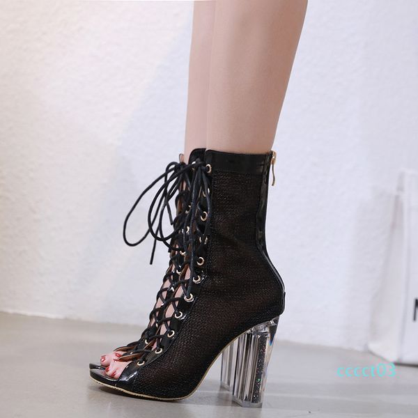 2019 champagne meshy crystal pvc thick heel peep toe ankle bootie women designer pumps size 34 to 40 ct03, Black