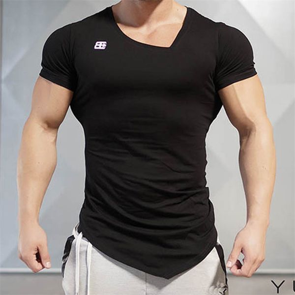 

selling new design male novelty men t shirt fashion bodybuilding body engineers ensirregular hem short sleeve t-shirt, White;black