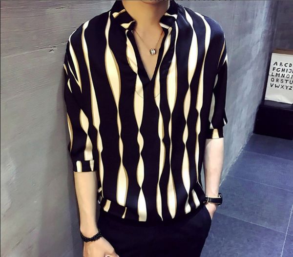 summer men's loose stripes half sleeve shirt korean version v - neck cuff handsome middle sleeve shirts, White;black
summer men's loose stripes half sleeve shirt korean version v - neck cuff handsome middle sleeve shirts, White;black
