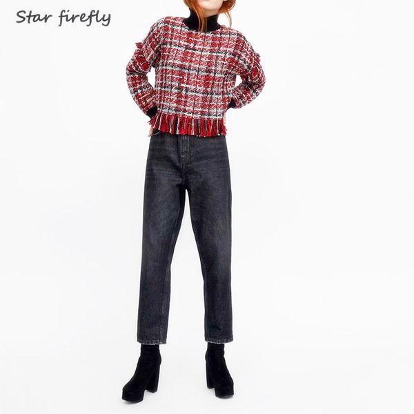 star firefly casual fringed short sweater women2019 tweed stitching elegant slim turtleneck plaid tassel crop sweaters, White;black
star firefly casual fringed short sweater women2019 tweed stitching elegant slim turtleneck plaid tassel crop sweaters, White;black