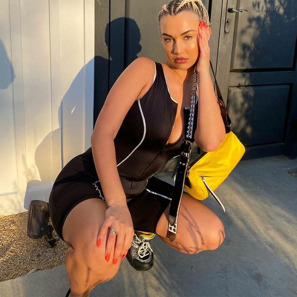 summer womens designer jumpsuits solid color zipper design slim panelled female rompers sports style female clothing, Black;white
summer womens designer jumpsuits solid color zipper design slim panelled female rompers sports style female clothing, Black;white