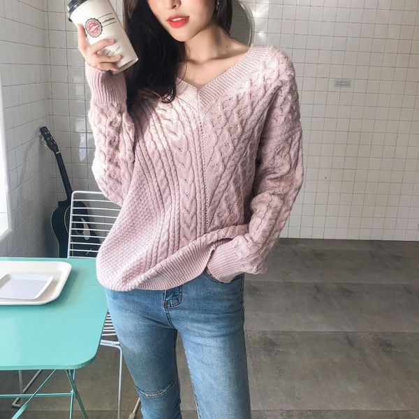 europe and the united states new pullover v-neck solid color loose large size women's sweater, White;black
europe and the united states new pullover v-neck solid color loose large size women's sweater, White;black