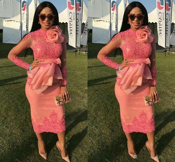 2018 African Appliqued Lace Short Prom Dresses Elegant Jewel Long Sleeves Evening Gowns Tea length Sheath Special Occasion Dress