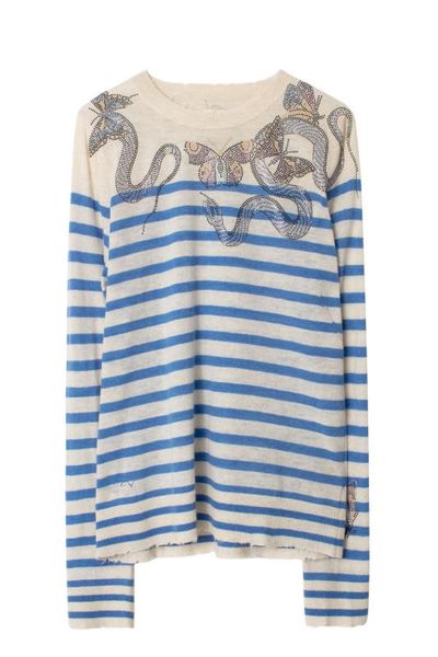 100% cashmere sweater blue striped snake butterfly rhinestone stamping long sleeves frayed hem fashion jumper, White;black
100% cashmere sweater blue striped snake butterfly rhinestone stamping long sleeves frayed hem fashion jumper, White;black
