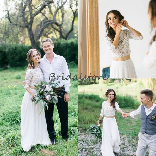 western country two pieces wedding dresses see through lace skirt chiffon boho wedding dresses for petite bride short sleeve gowns, White
western country two pieces wedding dresses see through lace skirt chiffon boho wedding dresses for petite bride short sleeve gowns, White