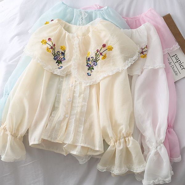 very loose sheer transparent blouse big collar embroidery flare sleeve women shirt chemise femme blusa mujer kawaii, White
very loose sheer transparent blouse big collar embroidery flare sleeve women shirt chemise femme blusa mujer kawaii, White