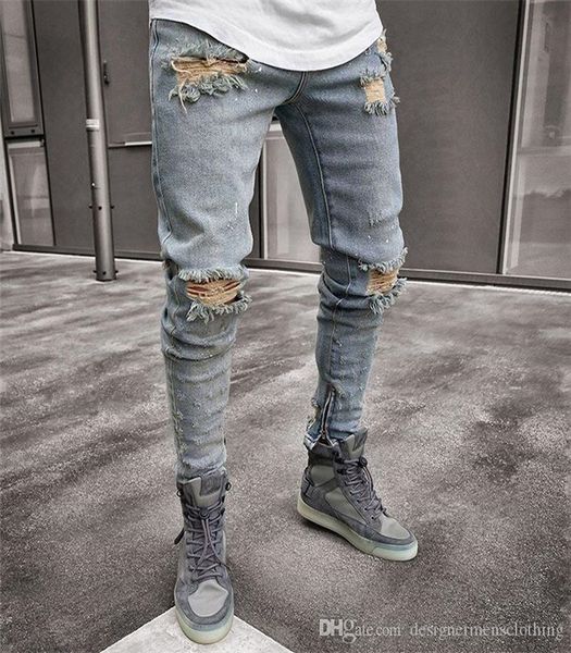 denim blue ripped designer jeans mens clothing draped slim fit holes zipper pencil pants hombes pantalones