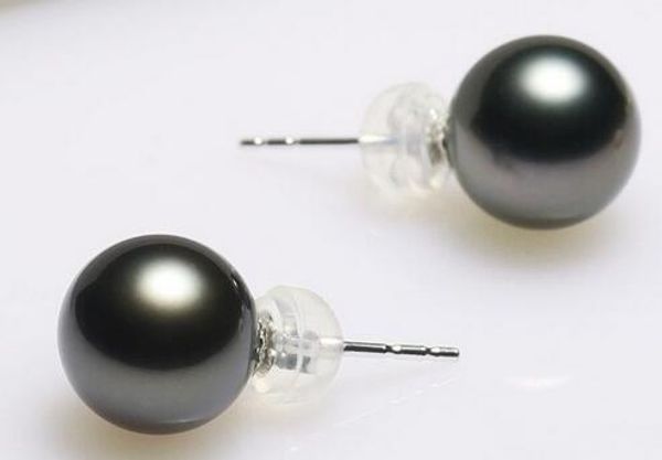 stunning 10-11mm tahitian black pearl earring 18k white gold