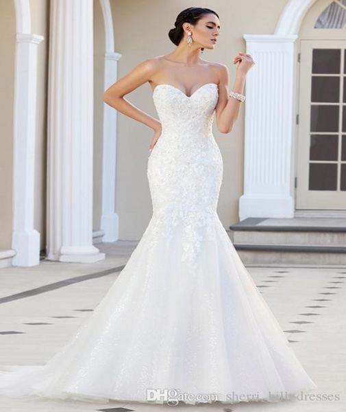 classic custom made lace mermaid wedding dresses sweetheart strapless appliques tulle backless wedding gowns beach church bridal dresses, White
classic custom made lace mermaid wedding dresses sweetheart strapless appliques tulle backless wedding gowns beach church bridal dresses, White