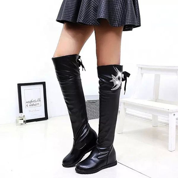 

women lolita high boots winter long tube leather boot lady stylish wild party high heel wedges shoes knee-high botas bling, Black