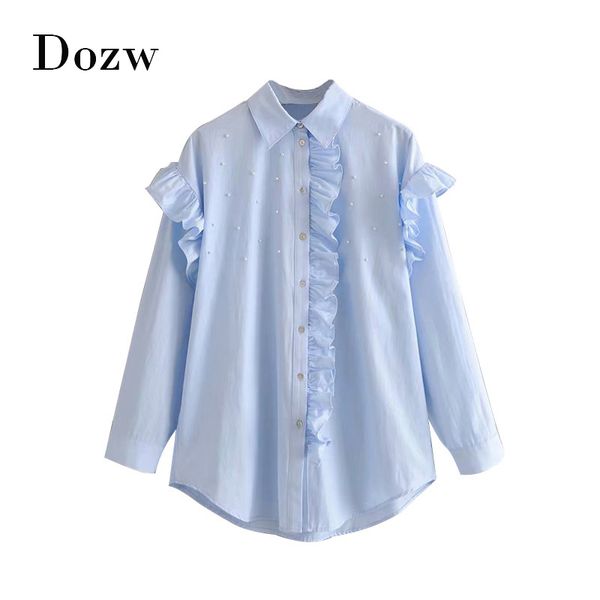 women blue ruffles shirt pearl beaded casual loose blouses ladies turn down collar long sleeve office shirt cotton chemise, White
women blue ruffles shirt pearl beaded casual loose blouses ladies turn down collar long sleeve office shirt cotton chemise, White