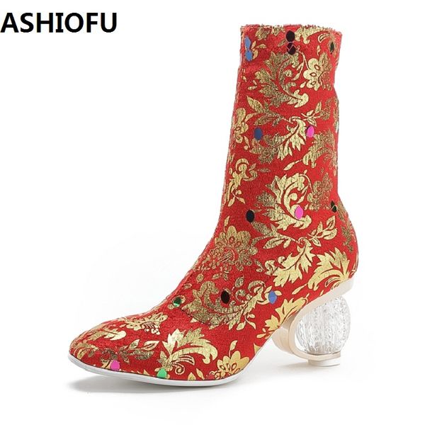 ashiofu chinese women ankle boots sewed phoneix wedding boots party fashion dress evening short shoes, Black