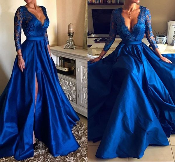 deep v-neck royal blue prom dresses with slit sheer long sleeve lace applique draped dresses evening wear formal party robes de novia, Black
deep v-neck royal blue prom dresses with slit sheer long sleeve lace applique draped dresses evening wear formal party robes de novia, Black