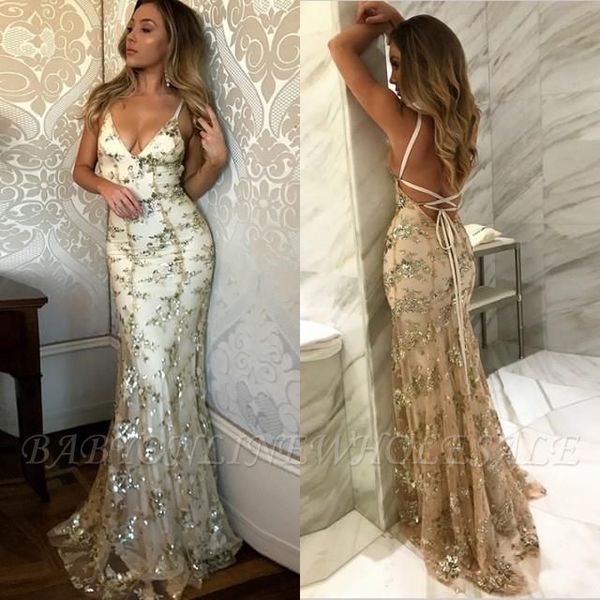 2020 v-neck mermaid prom dresses backless lace-up spaghetti floor-length crystal beads prom dress, Black