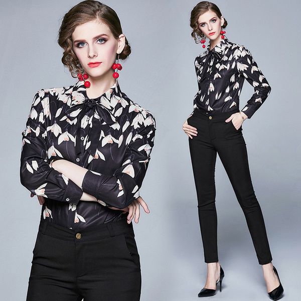 black floral printed shirts fall winter runway women's clothing lapel neck blouses elegant office business lady slim shirts, White
black floral printed shirts fall winter runway women's clothing lapel neck blouses elegant office business lady slim shirts, White